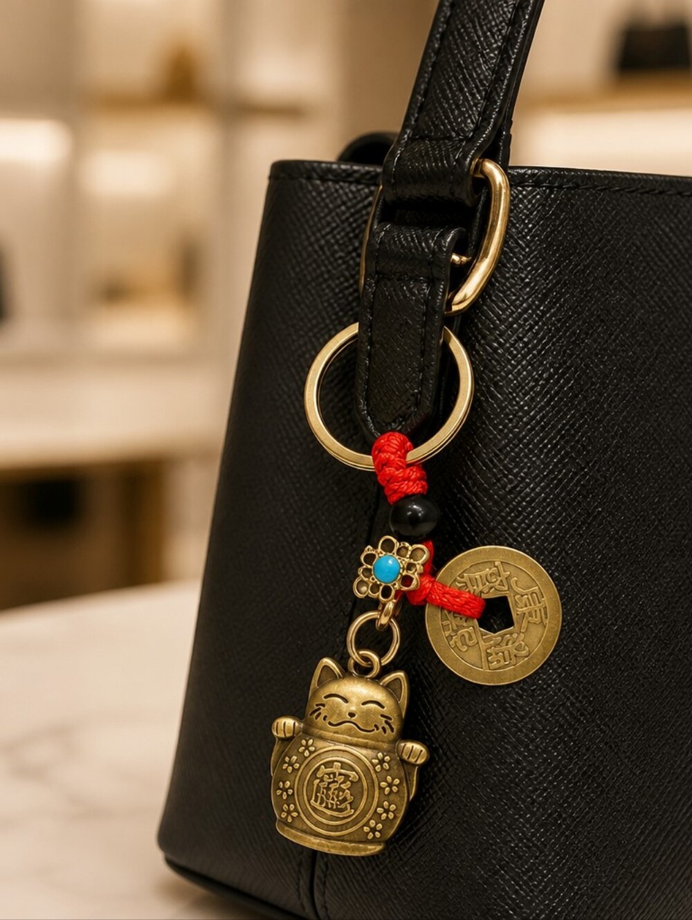 Lucky Fortune Cat Keychain Brass Maneki Neko Feng Shui Waving Cat Bag Charm Ring